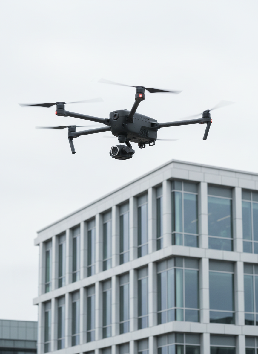 A sleek, matte-black professional drone with four extended carbon fiber arms and glinting metal rotors hovers in midair, its camera gimbal angled downward toward a modern commercial building below. The structure features clean glass facades and neutral grey panels, arranged in an orderly grid. Soft overcast daylight creates diffused, shadow-free illumination, emphasizing the building’s crisp edges and the drone’s precise engineering. Captured from a slightly elevated, three-quarter angle, the composition uses rule of thirds, with the drone in sharp focus and the cityscape subtly blurred behind. The atmosphere is professional and controlled, conveying high-end aerial services. Photographic realism with a clean, corporate aesthetic and balanced composition.