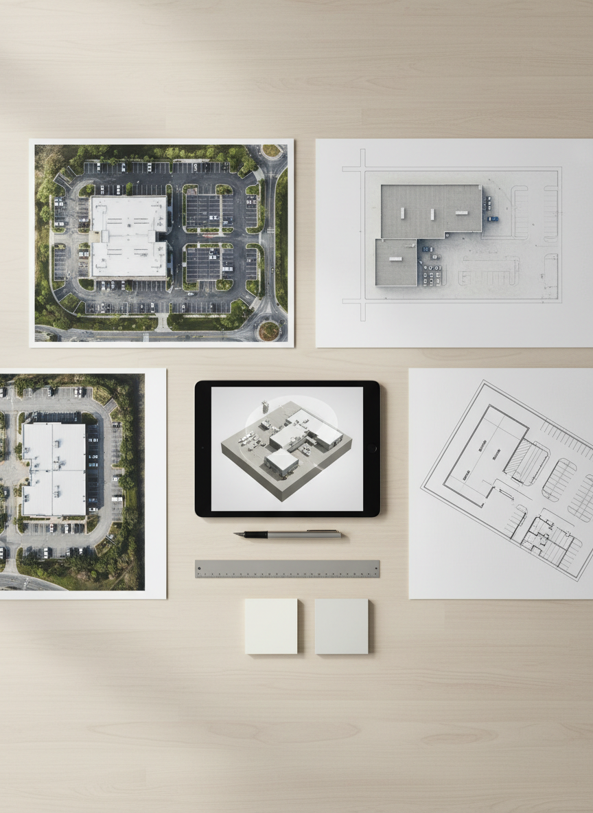 A concept development scene on a large, pale wood table featuring a carefully arranged layout of printed aerial photographs of a commercial property, a minimalist floor plan, and a sleek, dark-grey tablet showing a 3D model of the same site. A thin metal ruler, technical pen, and a small stack of neutral-toned sticky notes are positioned with precise spacing, reinforcing a sense of order. Soft, indirect daylight from an unseen window washes across the table, creating gentle gradients and faint shadows at the edges of each object. Shot from a directly overhead perspective, the composition feels methodical and structured. The mood is thoughtful and strategic, highlighting integrated thinking and total solutions in property visualization. Photographic realism with a clean, corporate design language.