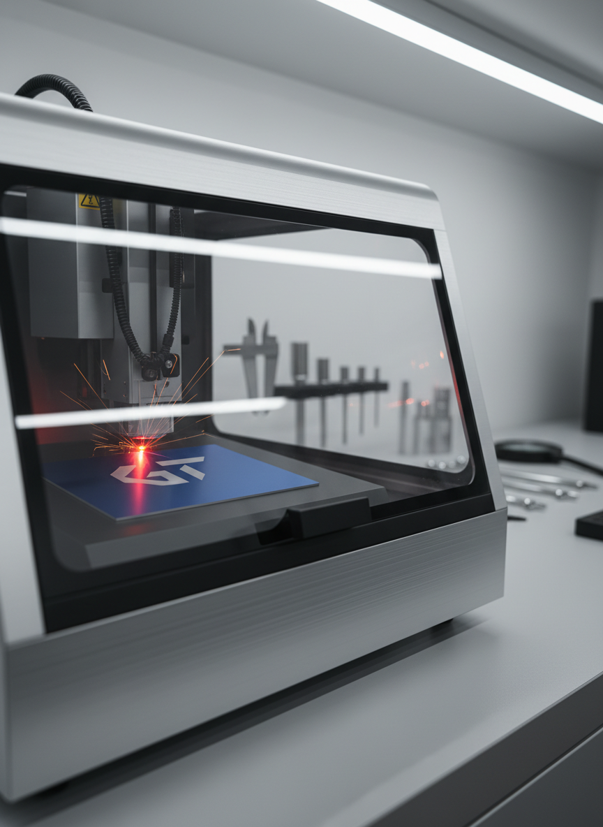 A close-up of a precision laser engraving machine in a minimalist workshop, its brushed aluminum housing and transparent safety cover revealing a focused red laser beam etching a crisp logo into a rectangular anodized metal plate. Fine sparks and a faint trail of vapor rise from the contact point, yet the overall scene remains controlled and clean. The machine is set on a smooth, light-grey work surface with neatly arranged tools in the background, softly out of focus. Neutral overhead LED lighting provides even illumination, creating subtle reflections on the metal and glass. Shot at a low three-quarter angle for depth, the mood is meticulous, innovative, and technical. Photographic realism with a structured, corporate visual style.