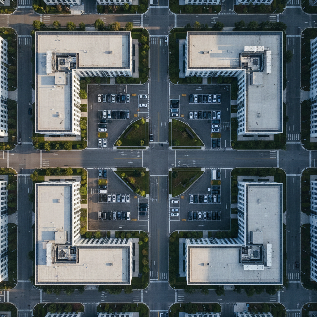 A high-resolution aerial view of a contemporary business park, each building rendered in crisp detail with flat rooftops, glass curtain walls, and clearly defined parking zones. The neutral-toned structures are arranged in a geometric grid with wide, clean access roads and a few minimalist green spaces between them. Late afternoon natural light falls at a shallow angle, creating soft, elongated shadows that emphasize the architecture’s form without overpowering the scene. The camera looks straight down in a perfect bird’s-eye view, capturing sharp lines edge to edge. The mood is orderly, analytical, and professional, highlighting the clarity and completeness of a total aerial site impression. Photographic realism with a clean, structured, corporate aesthetic.