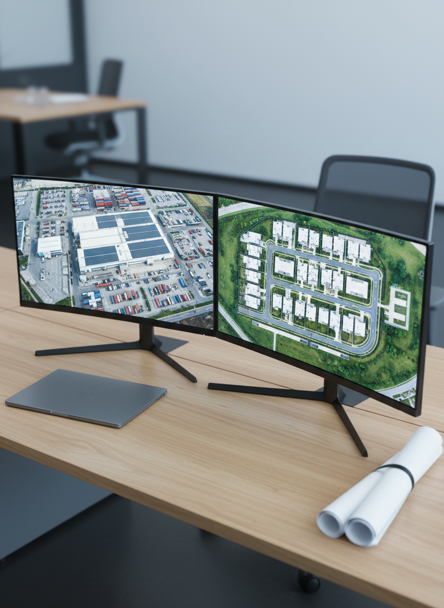 A streamlined workstation with dual widescreen monitors displaying crisp aerial footage of industrial sites and real estate properties, each frame showing perfectly aligned rooftops, parking areas, and surrounding infrastructure. The monitors sit on a light oak desk with a smooth, uncluttered surface, next to a closed matte-grey laptop and a neatly arranged stack of architectural plans. Cool, even studio lighting reflects subtly off the monitors’ bezels and the desk’s finish, avoiding harsh glare. Shot from a slightly elevated front angle with shallow depth of field, the central screen remains in sharp focus while the background fades softly. The mood is precise and methodical, suggesting behind-the-scenes processing and concept development of total solutions. Photographic realism with a clean, modern corporate style.