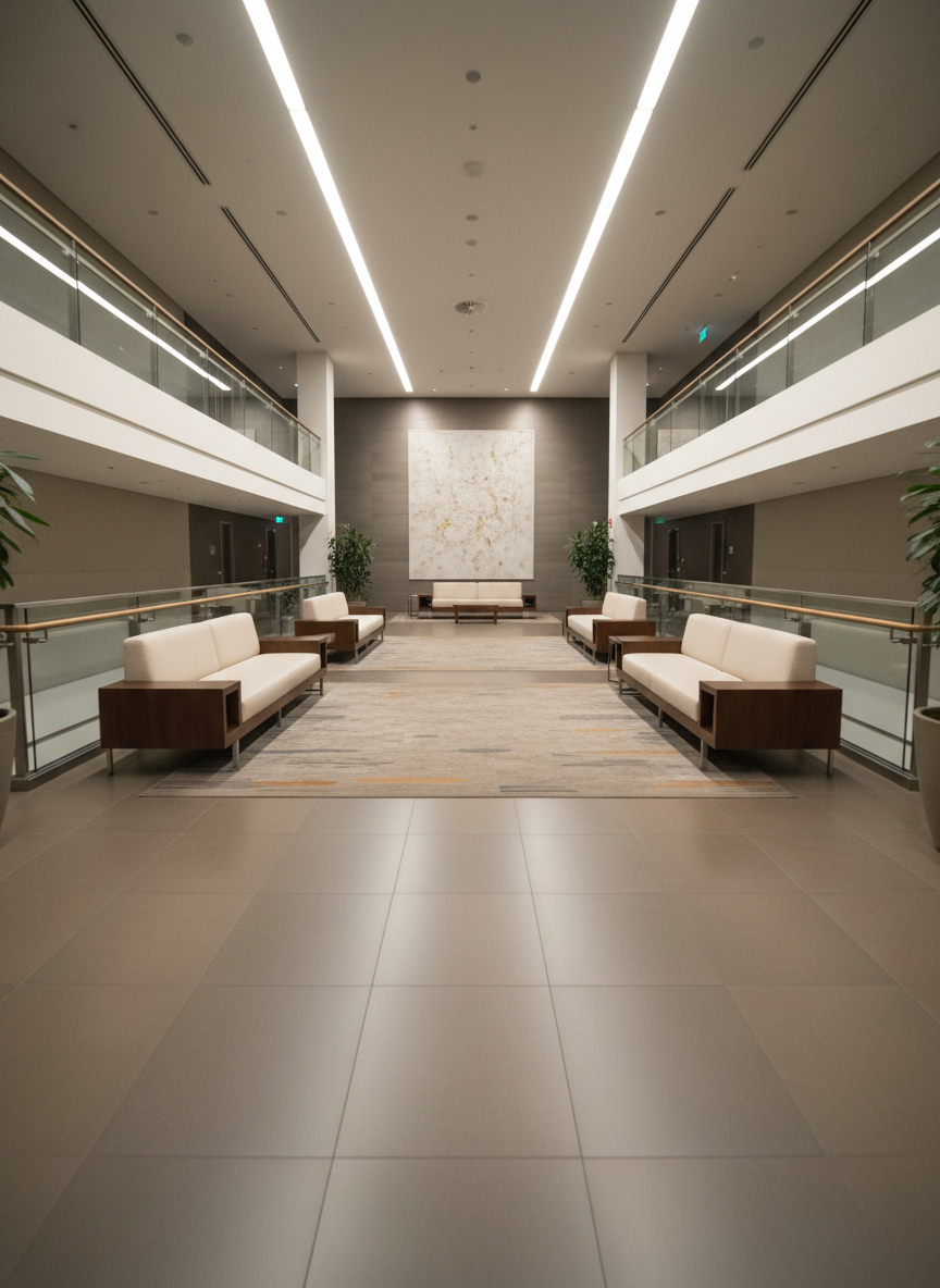 A dynamic interior real estate scene captured with an FPV-style perspective, as if the camera is racing through a spacious, high-end lobby. The space features large floor tiles in warm grey, glass railings, and minimalist furniture arranged along a straight central axis. Track lighting in the ceiling casts controlled pools of neutral white light, creating subtle highlights on polished surfaces while leaving the overall look clean and uncluttered. Motion blur appears gently along the periphery, while the central path stays sharp, conveying speed and agility without chaos. The composition is centered and forward-driven, giving a sense of immersive flight through the property. The atmosphere is energetic yet professional, presented in photographic realism with a sleek corporate aesthetic.