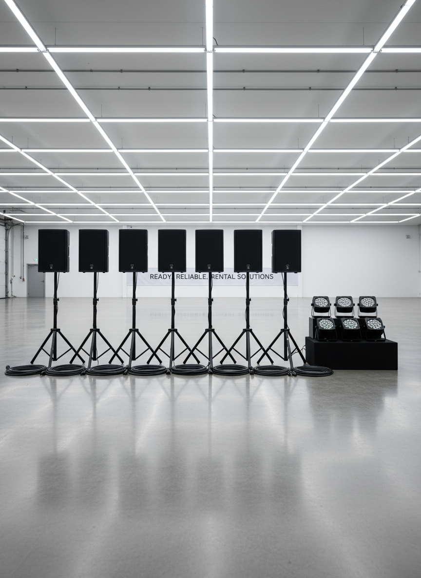 An orderly event equipment setup in a pristine warehouse space, featuring a row of matte-black professional speakers on stands and neatly coiled cables beside them, accompanied by a cluster of compact LED stage lights arranged on a low platform. The concrete floor is polished and slightly reflective, mirroring the clean silhouettes of the gear. Cool, evenly distributed overhead lighting highlights the crisp contours of each device without creating harsh shadows. Captured from a straight-on eye-level angle with sharp focus throughout, the composition is symmetrical and balanced, emphasizing reliability and readiness for rental. The mood is calm, professional, and dependable, reflecting a full-service technical solution provider. Photographic realism with a clean, neutral-toned corporate aesthetic.