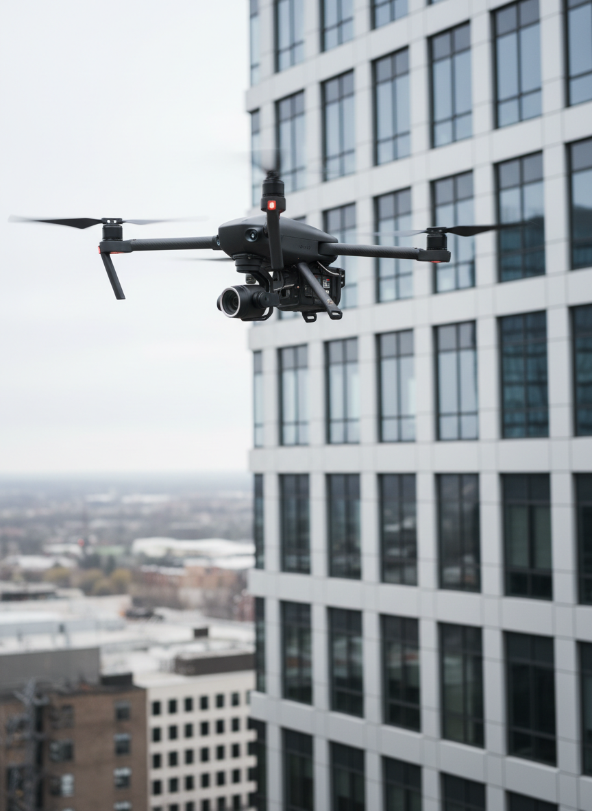 A sleek, matte-black professional drone with four extended carbon fiber arms and glinting metal rotors hovers in midair, its camera gimbal angled downward toward a modern commercial building below. The structure features clean glass facades and neutral grey panels, arranged in an orderly grid. Soft overcast daylight creates diffused, shadow-free illumination, emphasizing the building’s crisp edges and the drone’s precise engineering. Captured from a slightly elevated, three-quarter angle, the composition uses rule of thirds, with the drone in sharp focus and the cityscape subtly blurred behind. The atmosphere is professional and controlled, conveying high-end aerial services. Photographic realism with a clean, corporate aesthetic and balanced composition.